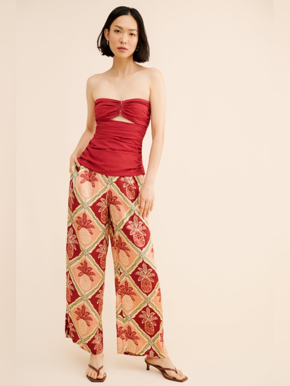 Farm Rio x Anthropologie Pineapple Satin Wide-Leg Pants Women’s L - Picture 7 of 15